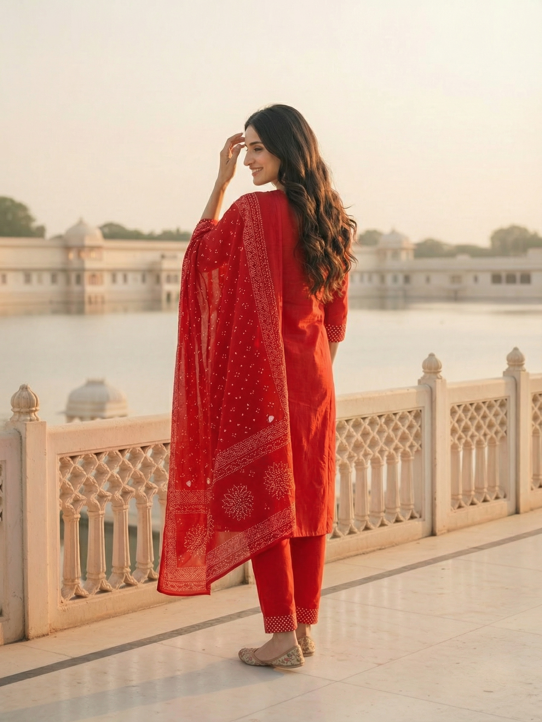 Solid Bandhani Printed Yoke Straight Kurta with Pant & Dupatta - Red