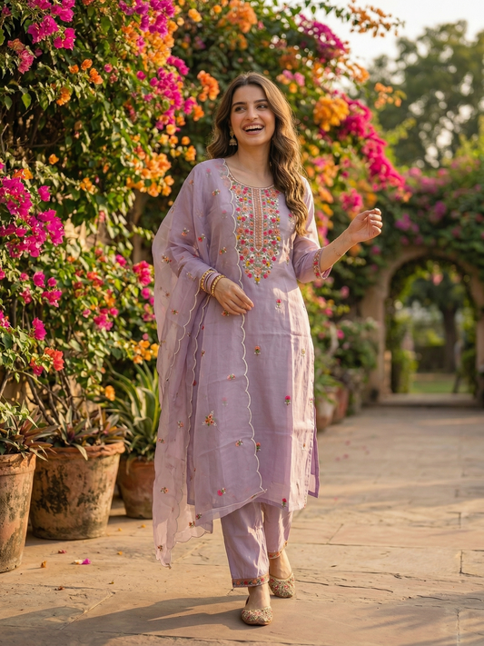 Floral Embroidered Straight Kurta Set with Organza Dupatta - Lavender