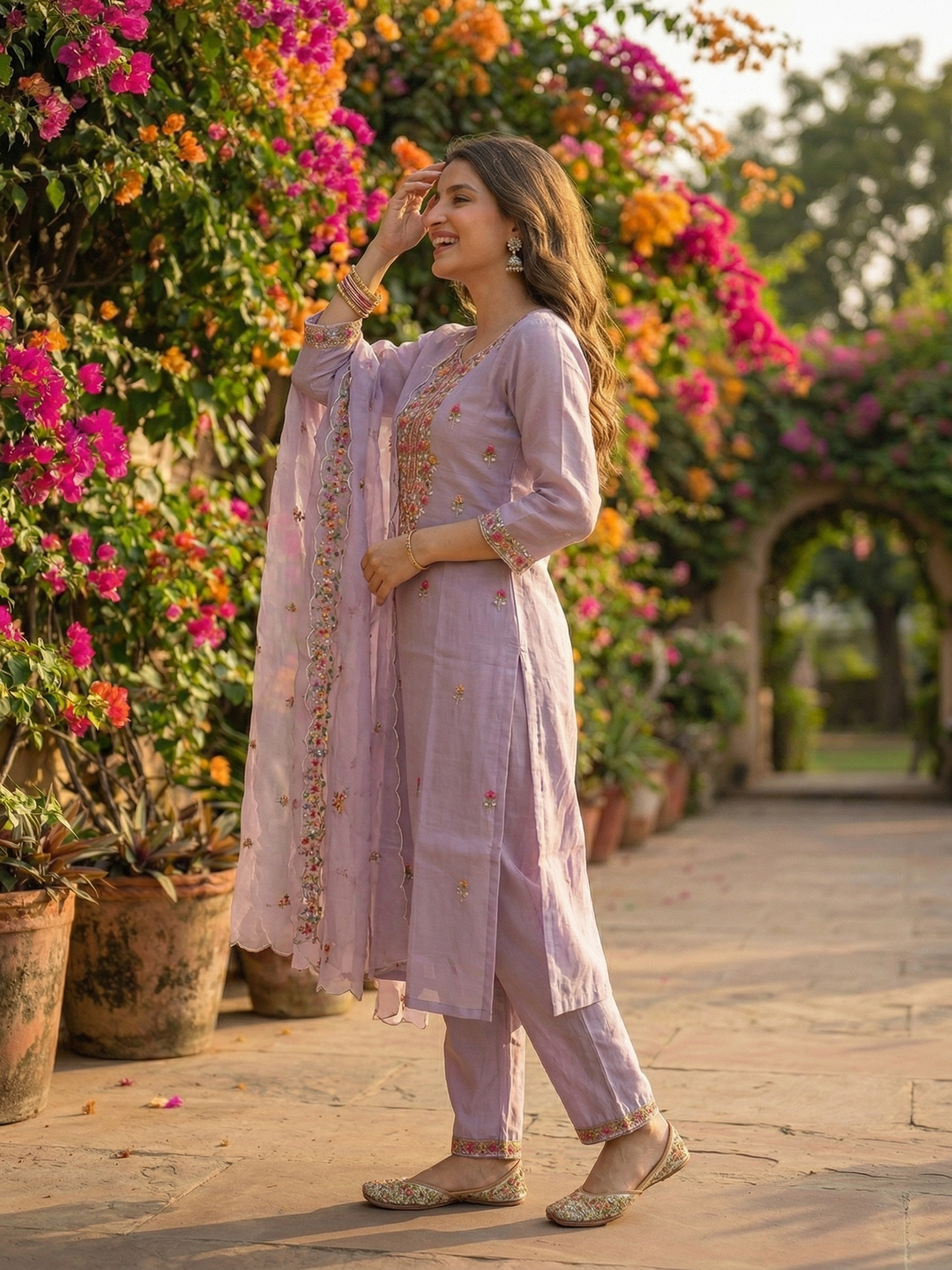 Floral Embroidered Straight Kurta Set with Organza Dupatta - Lavender