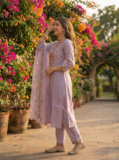 Floral Embroidered Straight Kurta Set with Organza Dupatta - Lavender