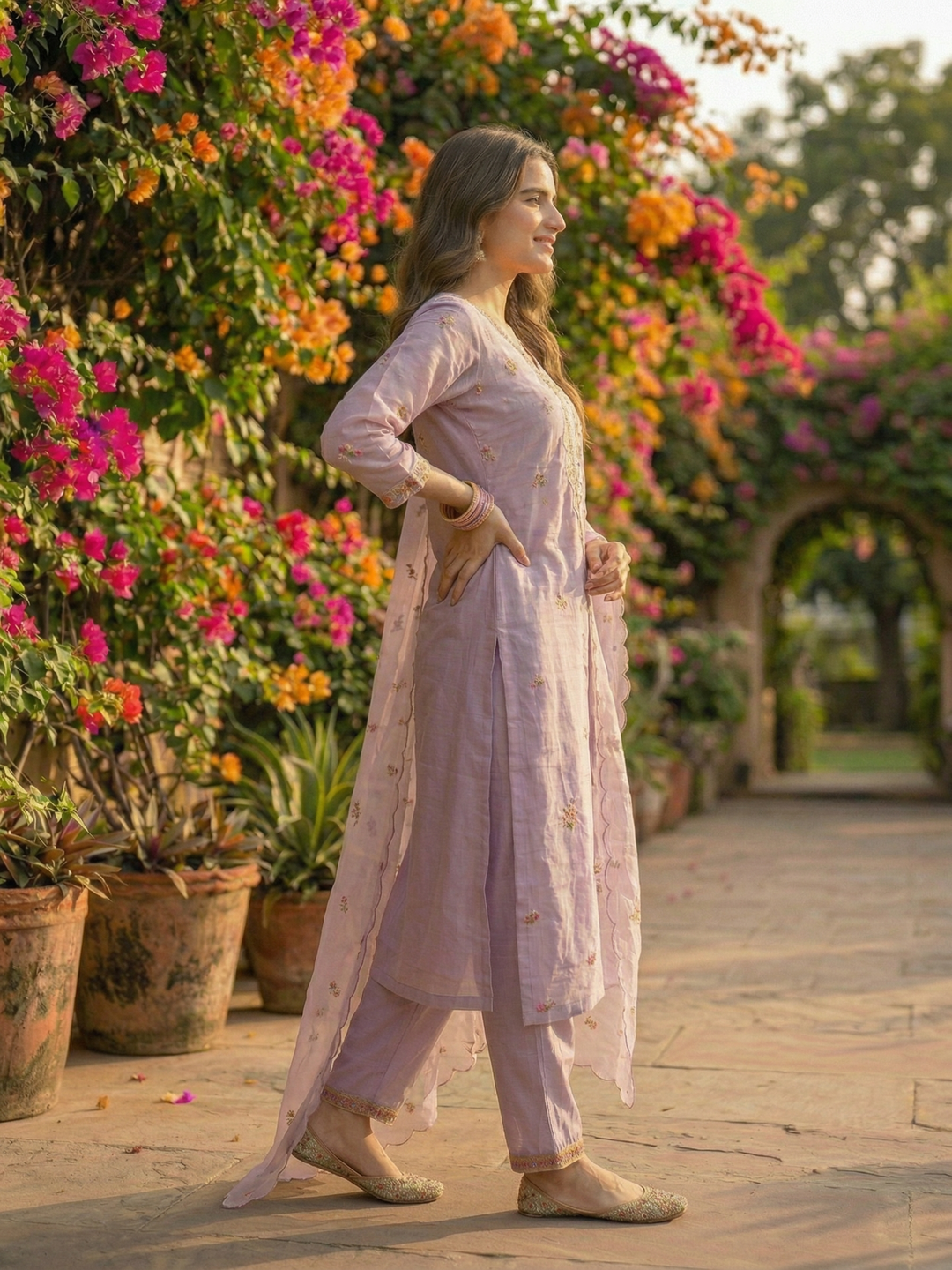 Floral Embroidered Straight Kurta Set with Organza Dupatta - Lavender