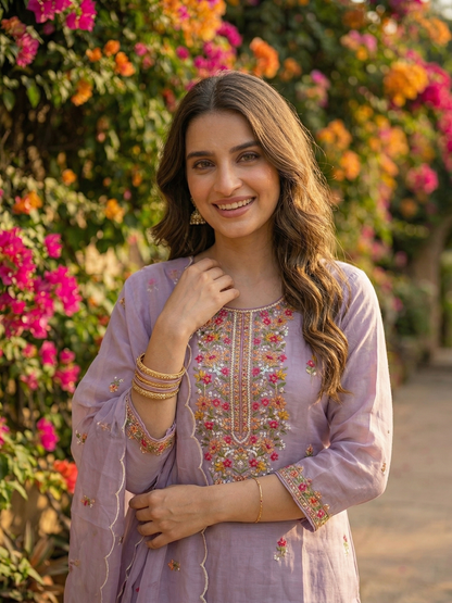 Floral Embroidered Straight Kurta Set with Organza Dupatta - Lavender