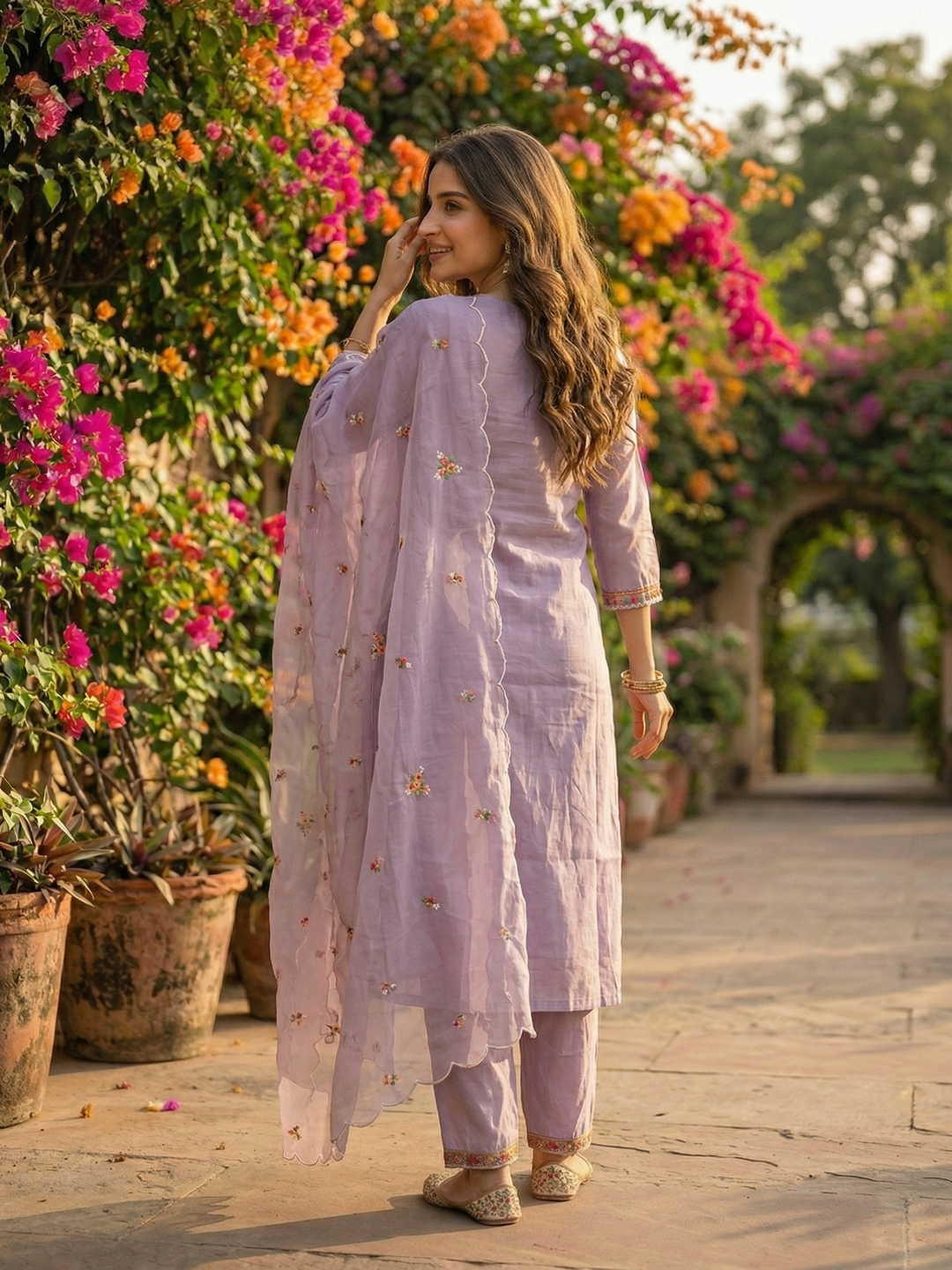 Floral Embroidered Straight Kurta Set with Organza Dupatta - Lavender
