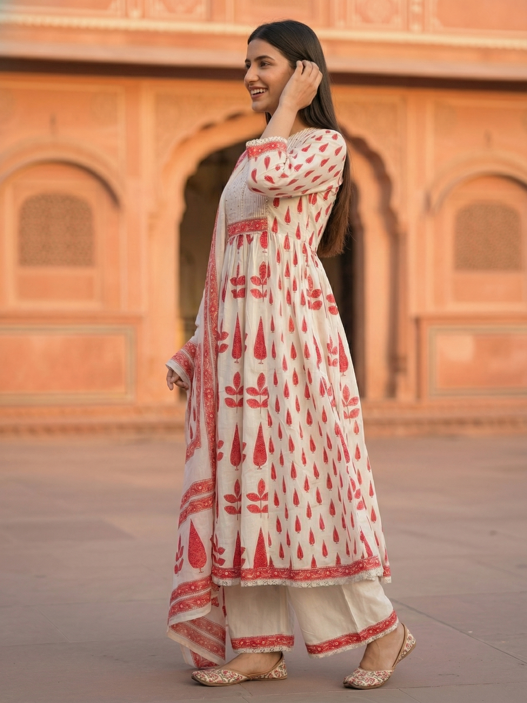 Mughal Ethnic Printed Panelled A-Line Kurta with Pant & Dupatta - Red & Off White