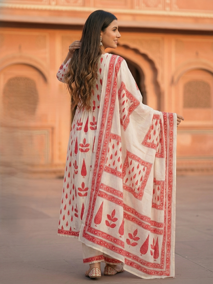 Mughal Ethnic Printed Panelled A-Line Kurta with Pant & Dupatta - Red & Off White