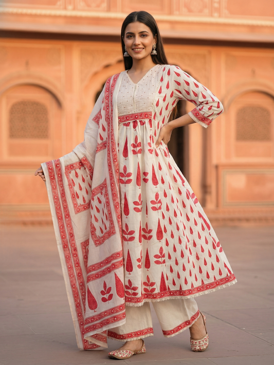 Mughal Ethnic Printed Panelled A-Line Kurta with Pant & Dupatta - Red & Off White