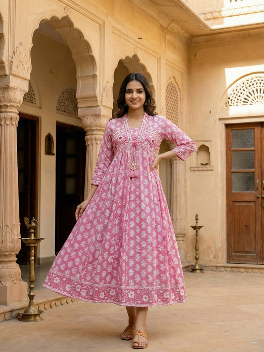 Floral Printed Kantha Work Empire Maxi Dress - Rose Pink