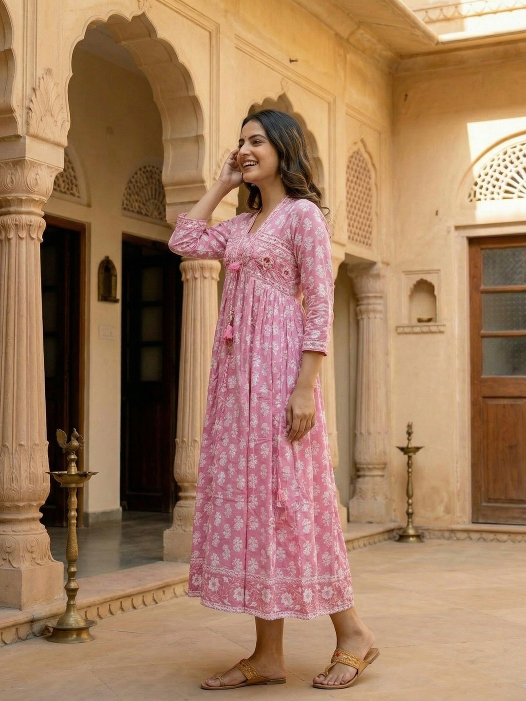 Floral Printed Kantha Work Empire Maxi Dress - Rose Pink