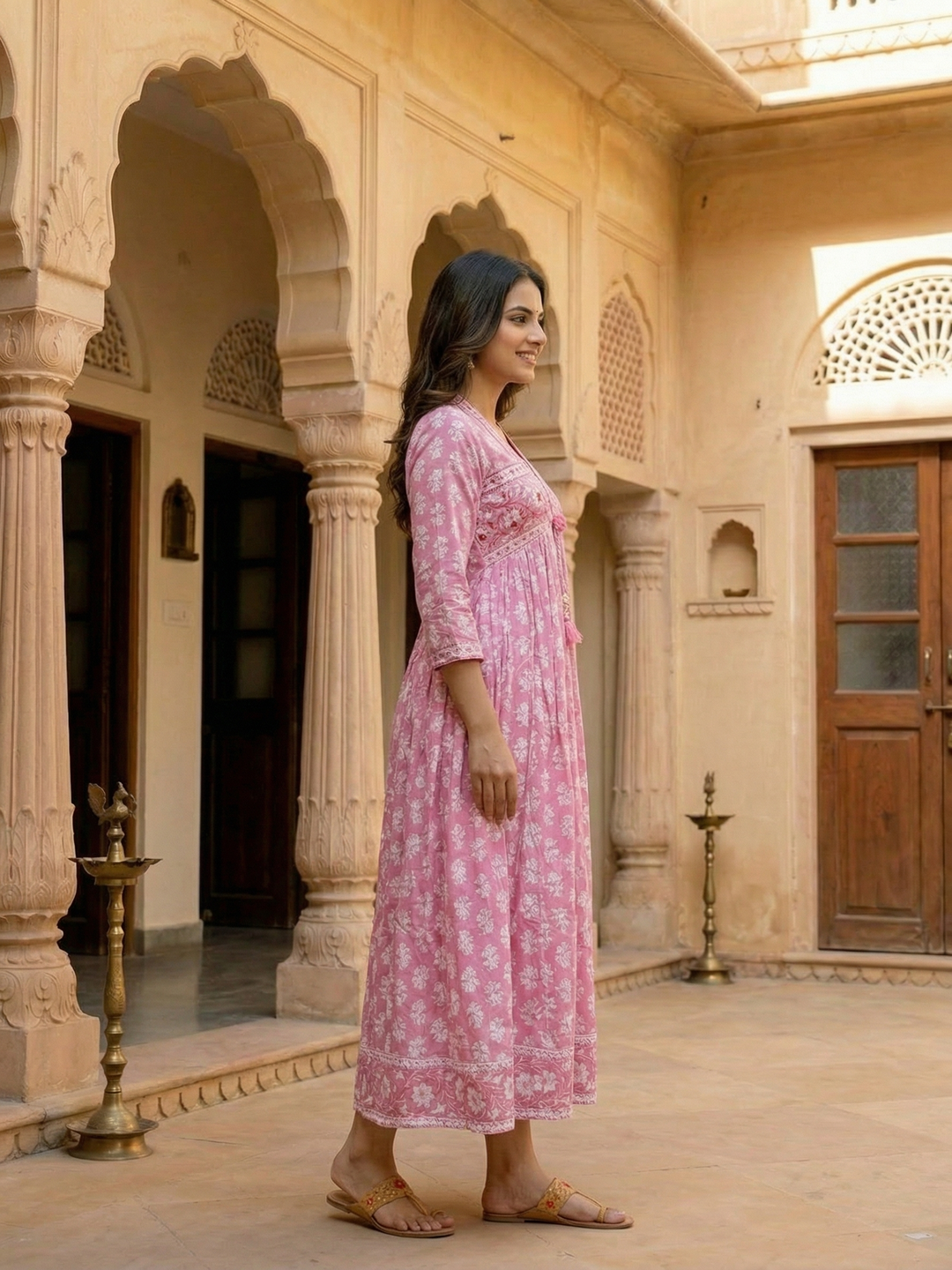 Floral Printed Kantha Work Empire Maxi Dress - Rose Pink
