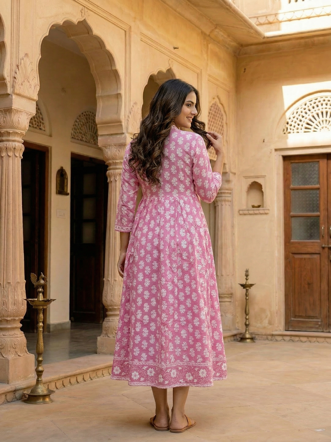 Floral Printed Kantha Work Empire Maxi Dress - Rose Pink
