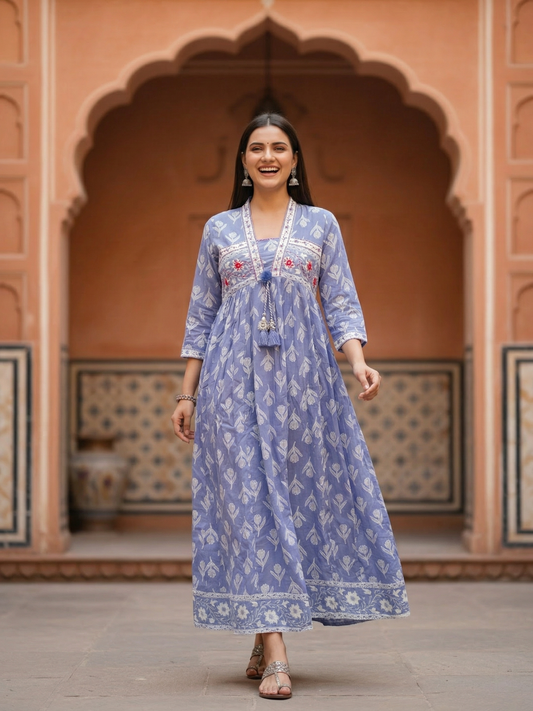 Floral Printed Kantha Work Empire Maxi Dress - Lavender
