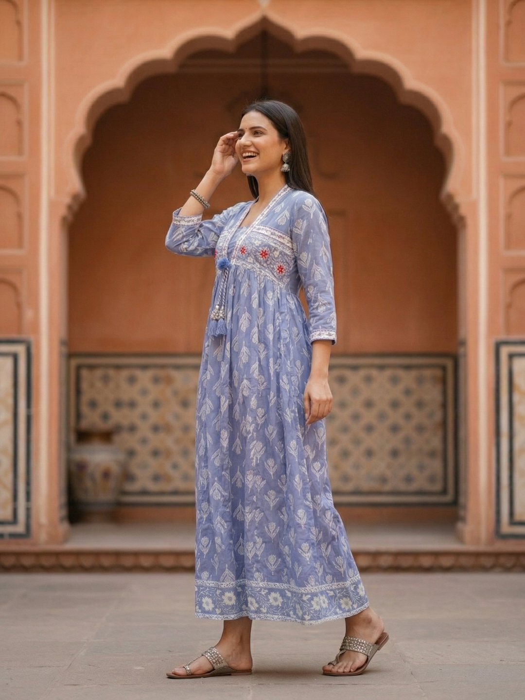 Floral Printed Kantha Work Empire Maxi Dress - Lavender