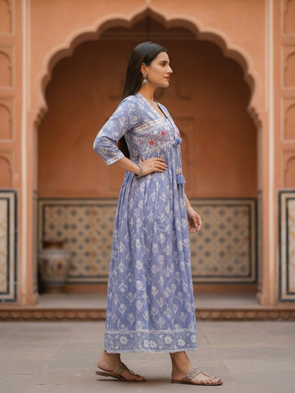 Floral Printed Kantha Work Empire Maxi Dress - Lavender
