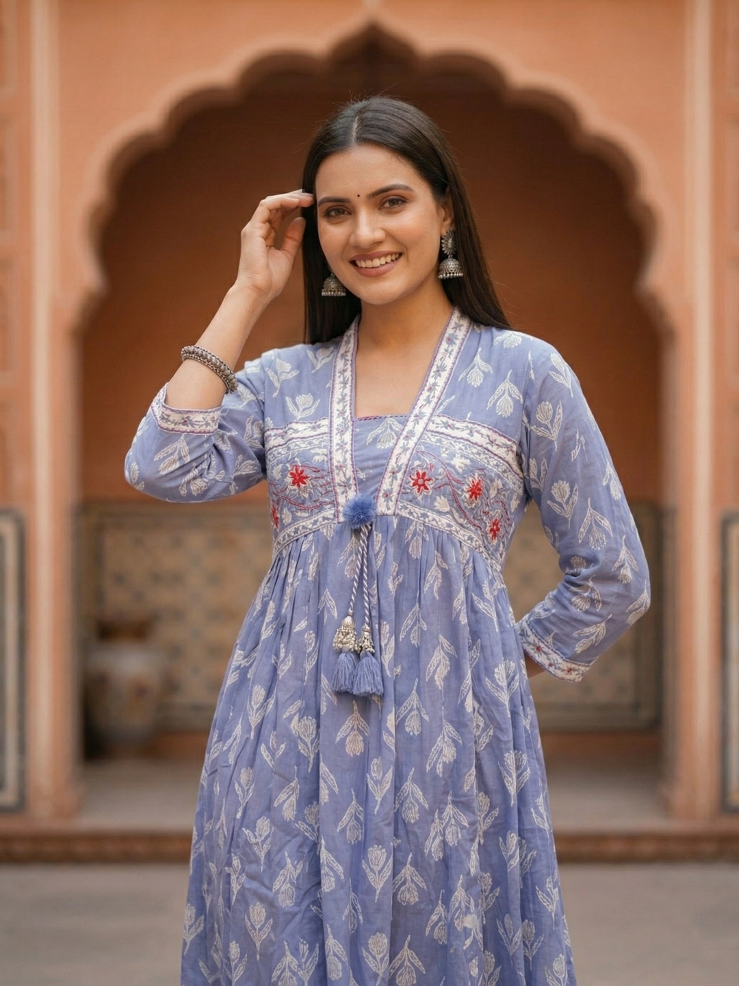 Floral Printed Kantha Work Empire Maxi Dress - Lavender