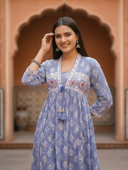 Floral Printed Kantha Work Empire Maxi Dress - Lavender