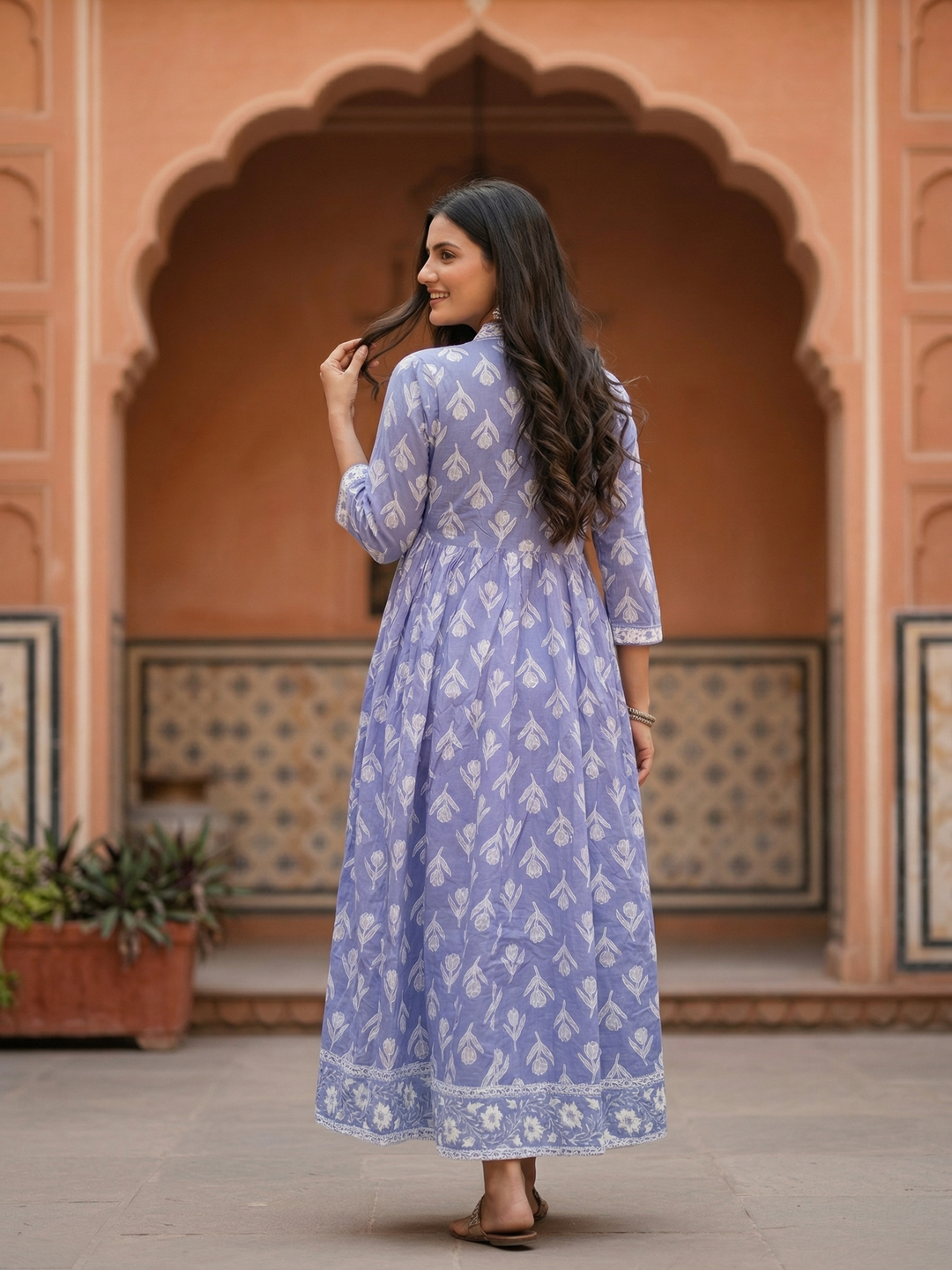Floral Printed Kantha Work Empire Maxi Dress - Lavender