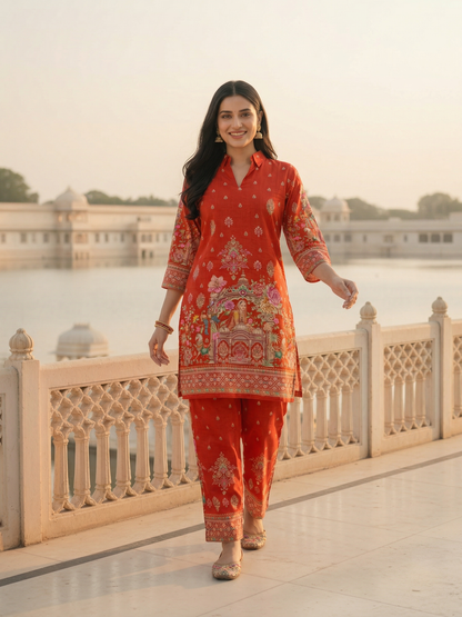 Ethnic Printed Straight Kurta with Palazzo - Red