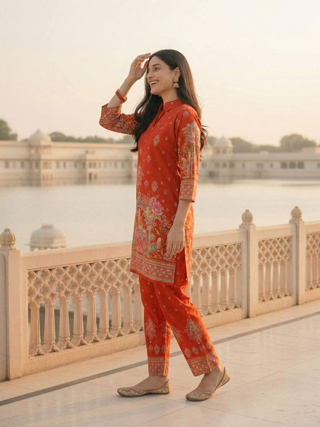 Ethnic Printed Straight Kurta with Palazzo - Red