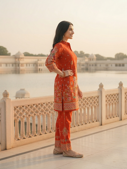 Ethnic Printed Straight Kurta with Palazzo - Red