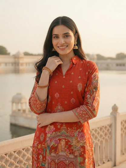 Ethnic Printed Straight Kurta with Palazzo - Red