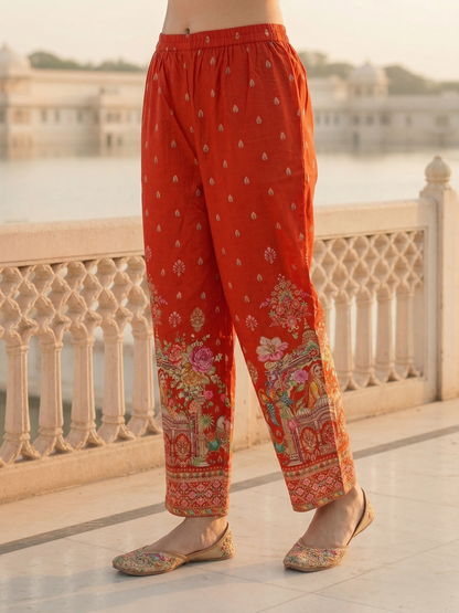 Ethnic Printed Straight Kurta with Palazzo - Red