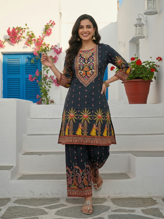 Ethnic Printed Straight Kurta with Palazzo - Black