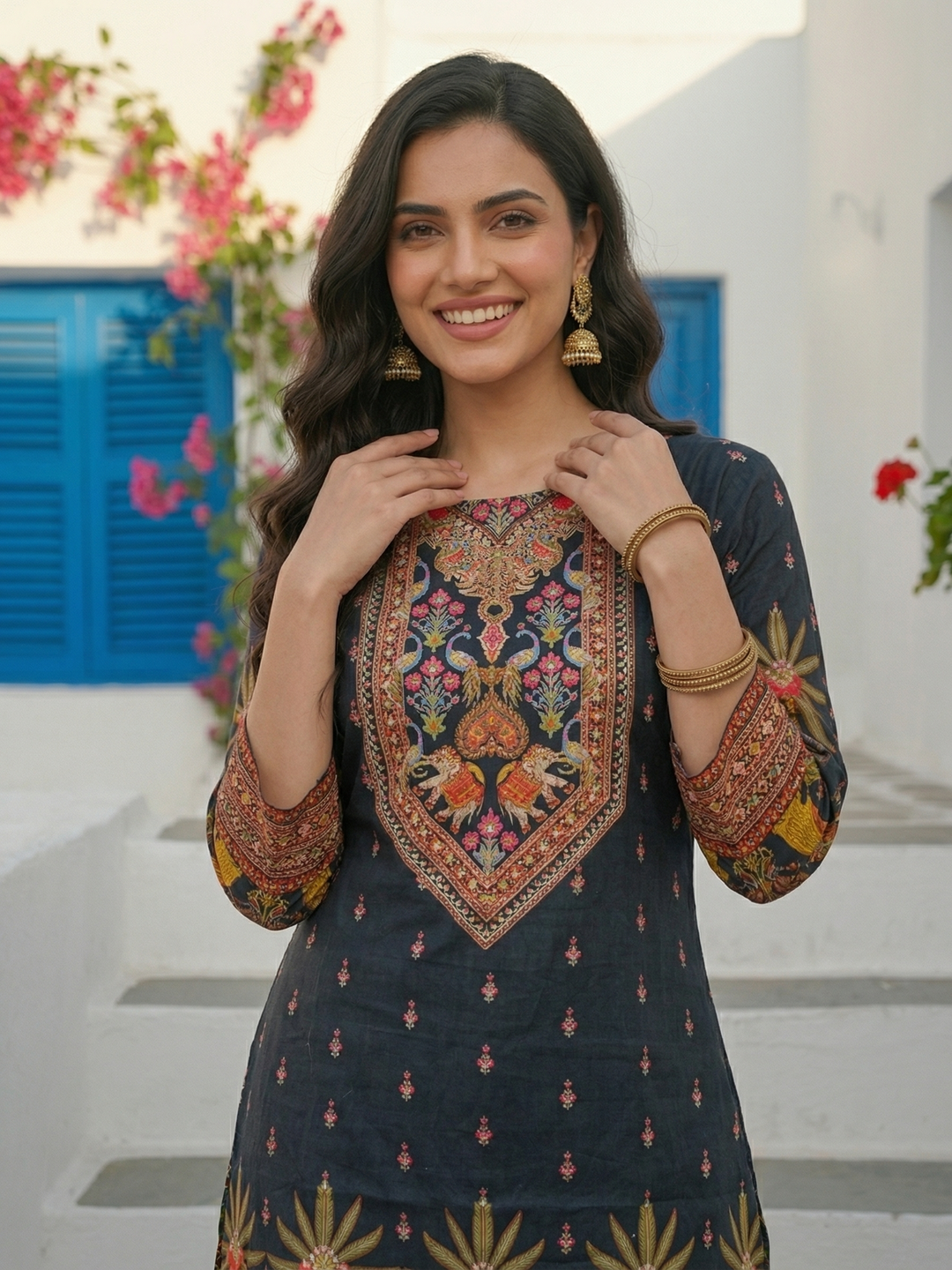 Ethnic Printed Straight Kurta with Palazzo - Black
