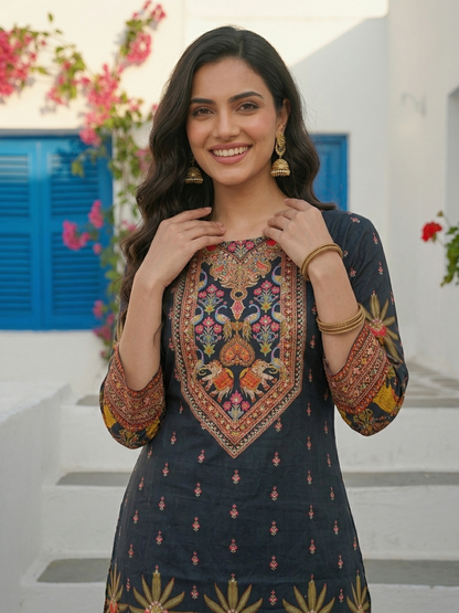 Ethnic Printed Straight Kurta with Palazzo - Black