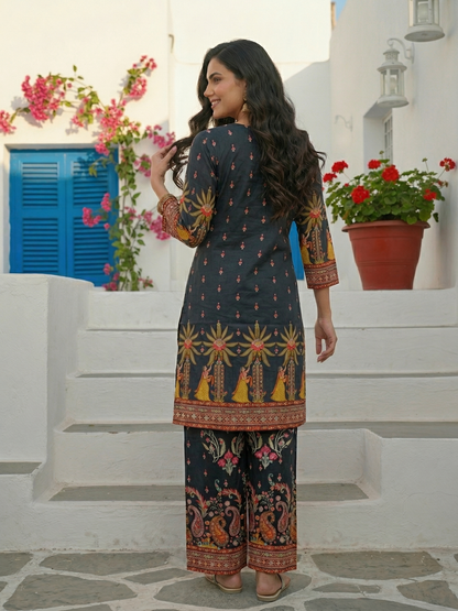 Ethnic Printed Straight Kurta with Palazzo - Black