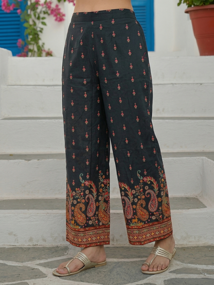 Ethnic Printed Straight Kurta with Palazzo - Black