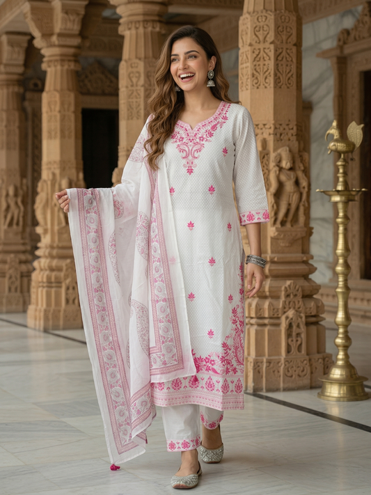 Solid Embroidered Straight Kurta with Palazzo & Dupatta - White