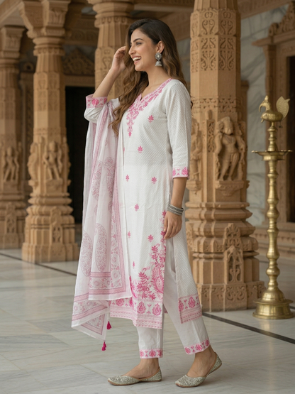 Solid Embroidered Straight Kurta with Palazzo & Dupatta - White