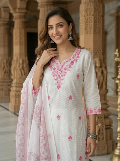Solid Embroidered Straight Kurta with Palazzo & Dupatta - White