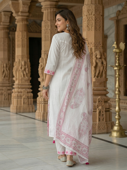 Solid Embroidered Straight Kurta with Palazzo & Dupatta - White