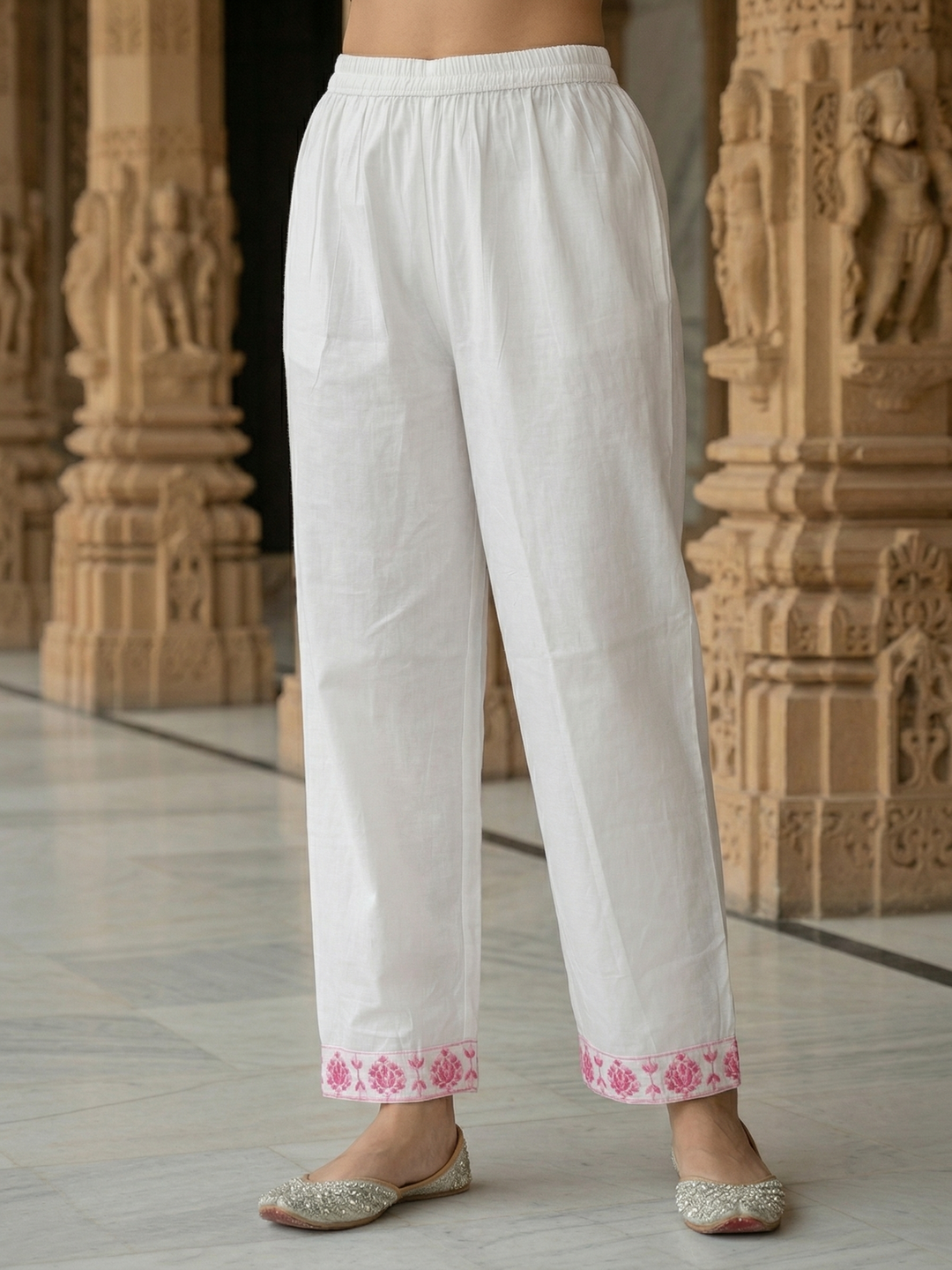 Solid Embroidered Straight Kurta with Palazzo & Dupatta - White