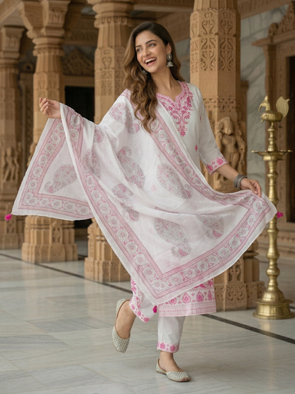 Solid Embroidered Straight Kurta with Palazzo & Dupatta - White