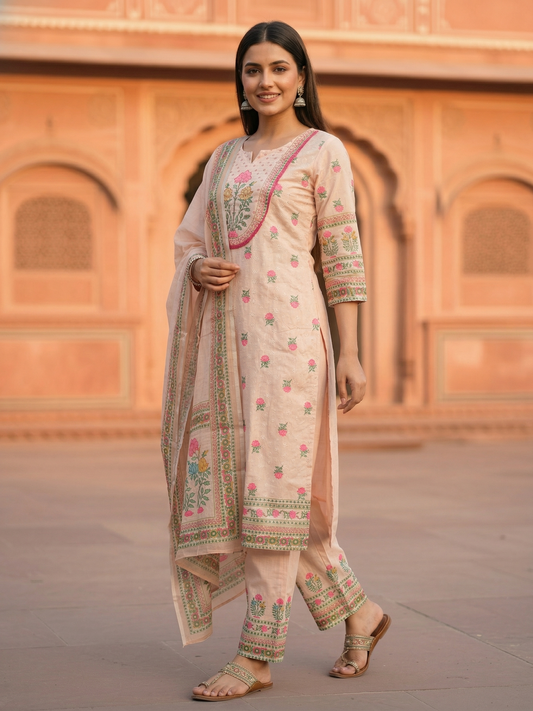 Schiffili Floral Printed Straight Kurta with Palazzo & Dupatta - Pink