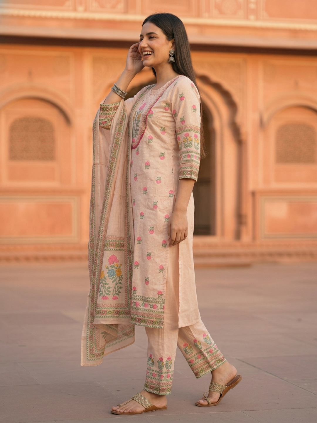 Schiffili Floral Printed Straight Kurta with Palazzo & Dupatta - Pink