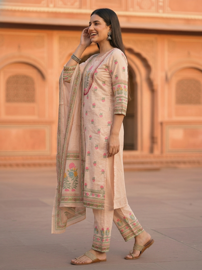 Schiffili Floral Printed Straight Kurta with Palazzo & Dupatta - Pink