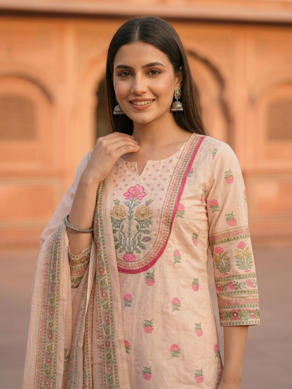 Schiffili Floral Printed Straight Kurta with Palazzo & Dupatta - Pink