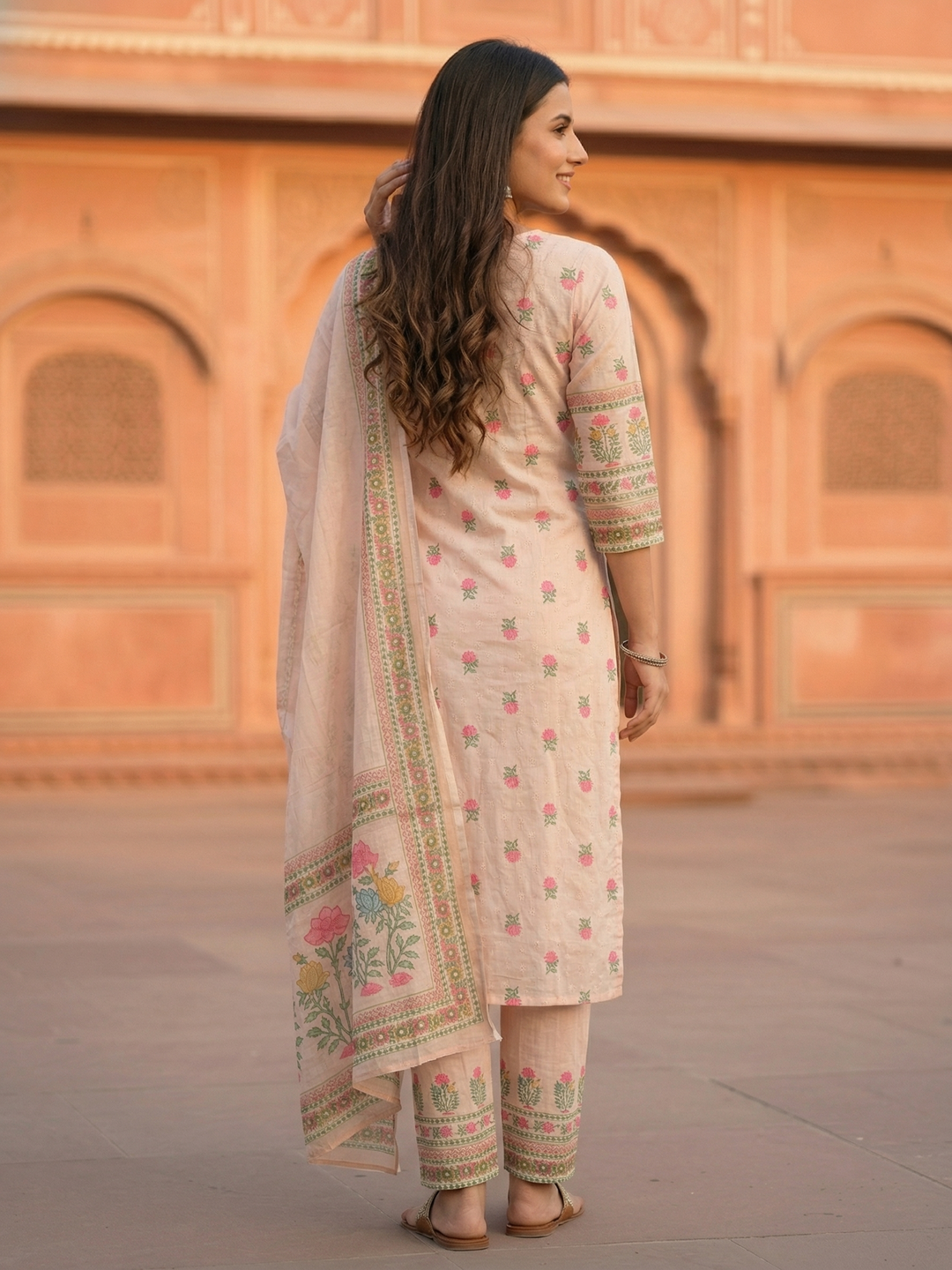 Schiffili Floral Printed Straight Kurta with Palazzo & Dupatta - Pink