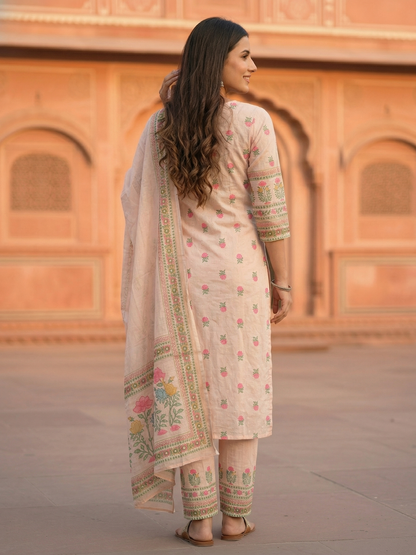 Schiffili Floral Printed Straight Kurta with Palazzo & Dupatta - Pink