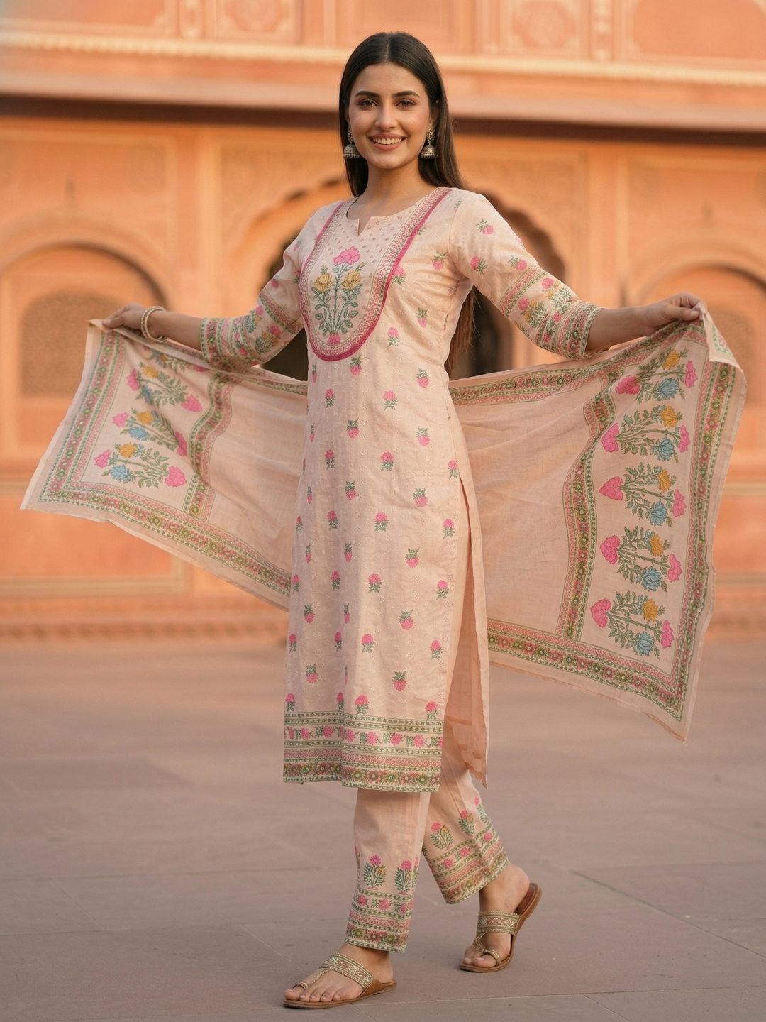 Schiffili Floral Printed Straight Kurta with Palazzo & Dupatta - Pink