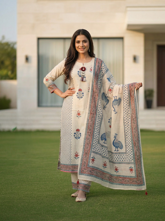 Ethnic Printed Straight Kurta with Palazzo & Dupatta - Beige