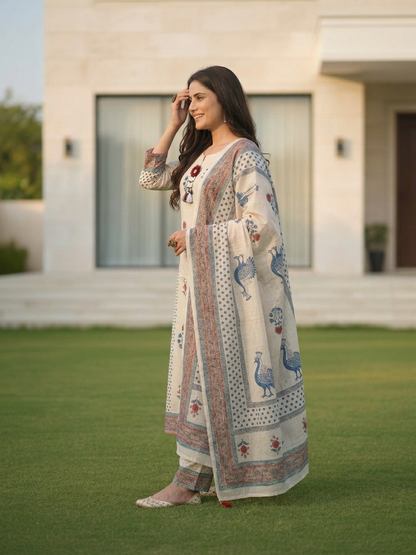 Ethnic Printed Straight Kurta with Palazzo & Dupatta - Beige