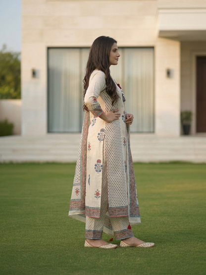 Ethnic Printed Straight Kurta with Palazzo & Dupatta - Beige