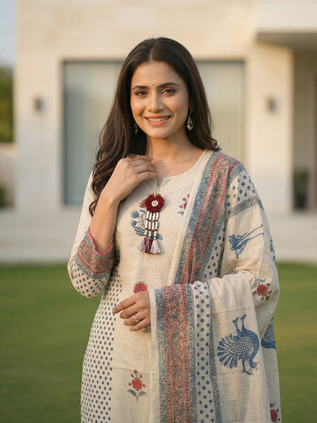Ethnic Printed Straight Kurta with Palazzo & Dupatta - Beige