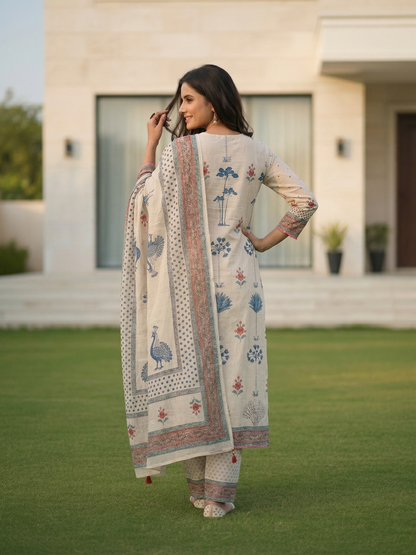 Ethnic Printed Straight Kurta with Palazzo & Dupatta - Beige