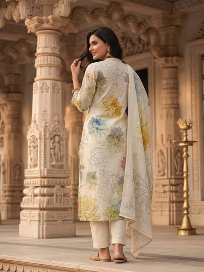 Floral Printed Chanderi Straight Kurta with Palazzo & Dupatta - Multi