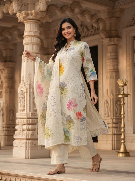 Floral Printed Chanderi Straight Kurta with Palazzo & Dupatta - Multi